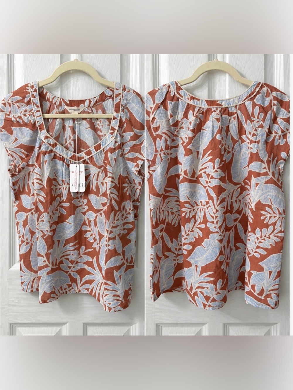 NWT Lucky Brand Rust Floral Short Sleeve Cotton Top with Light Blue Print